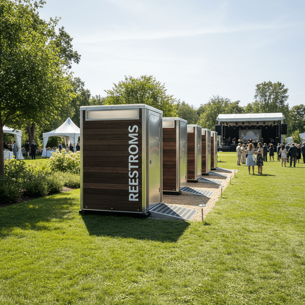 Clean portable restroom unit on a grassy outdoor event site