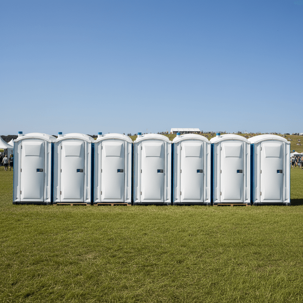 Portable toilet units set up at an outdoor event in Jamaica