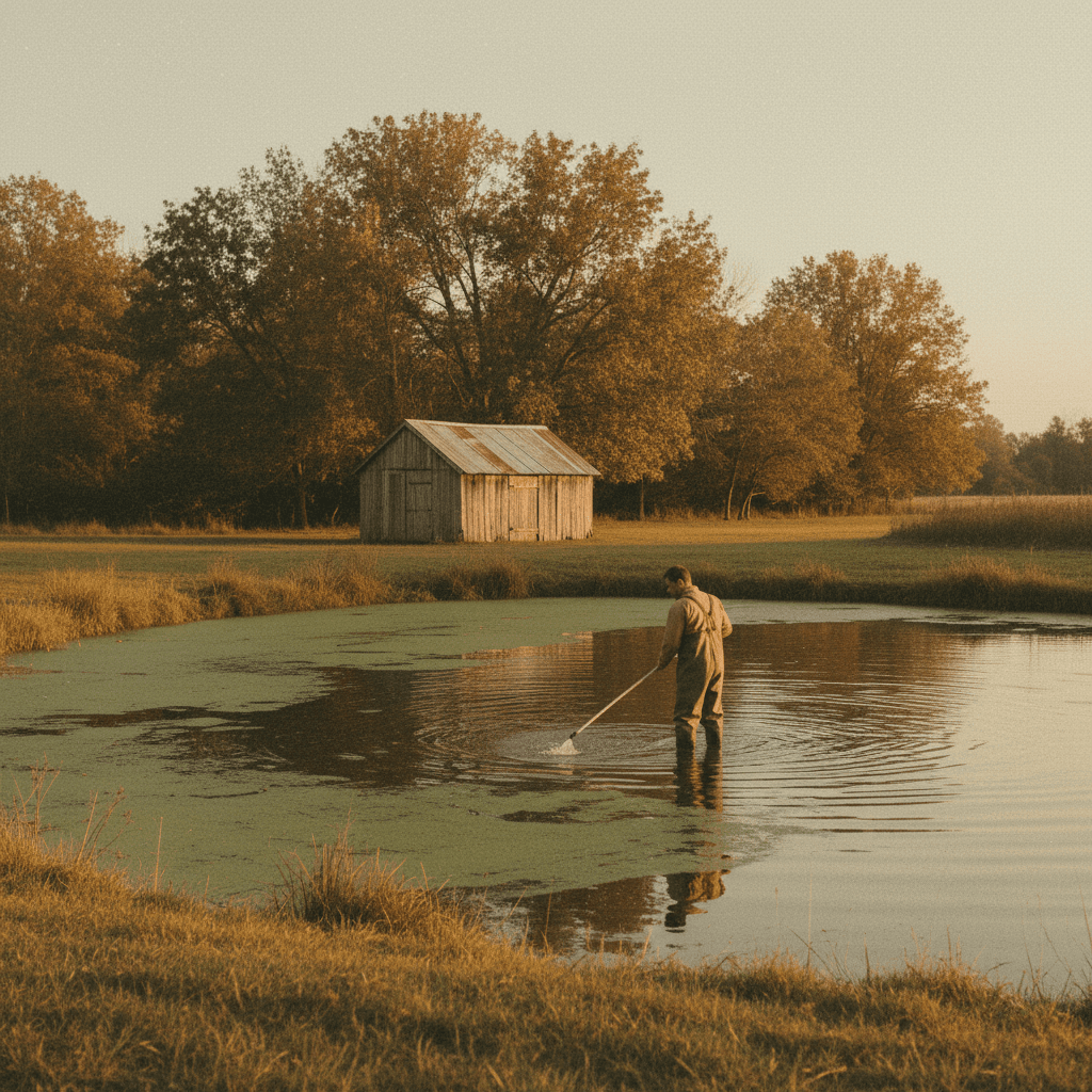 Worker treating algae growth at the edge of a pond