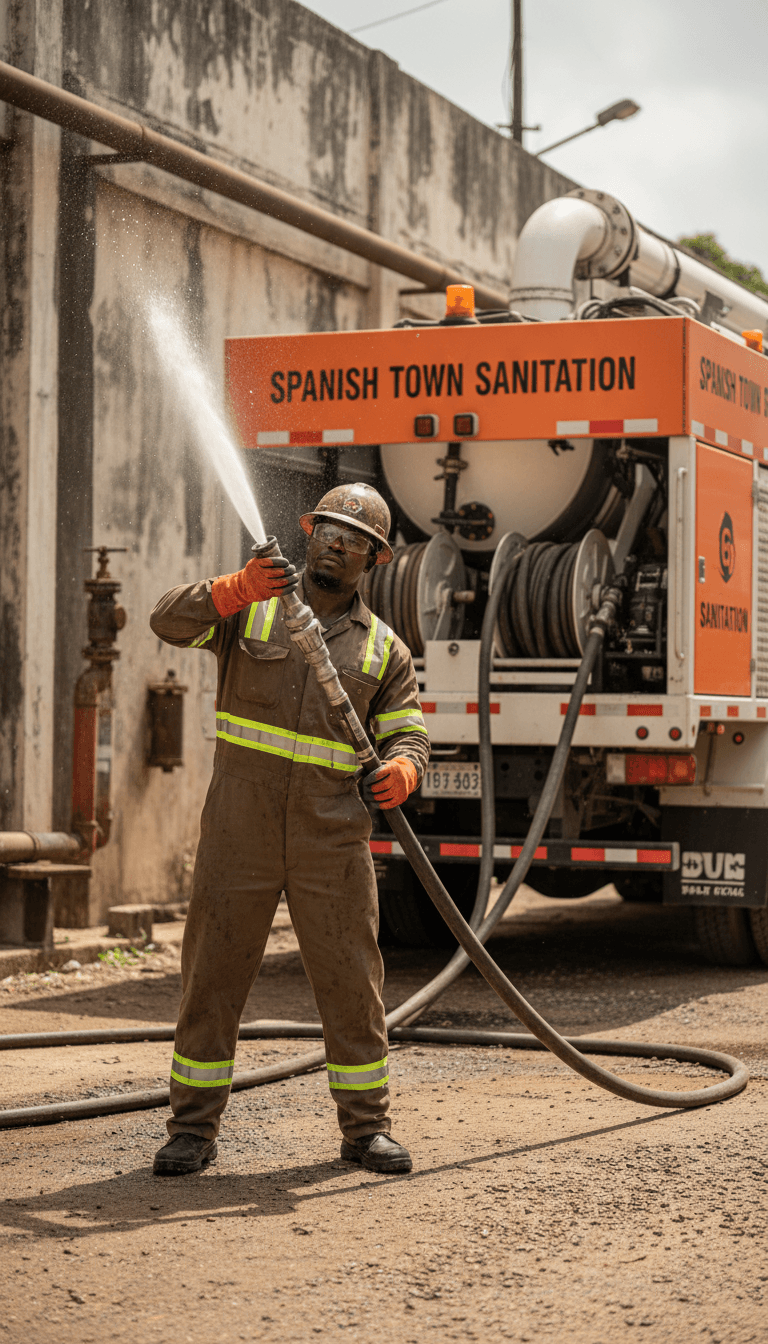 Technician operating hydro-jetting equipment at a work site