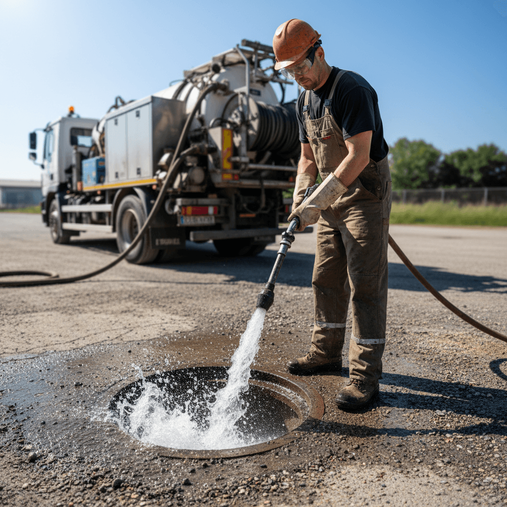 Technician pressure jetting a drain line with high-pressure water