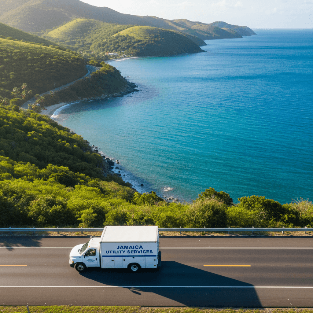Service truck driving on a coastal highway in Jamaica