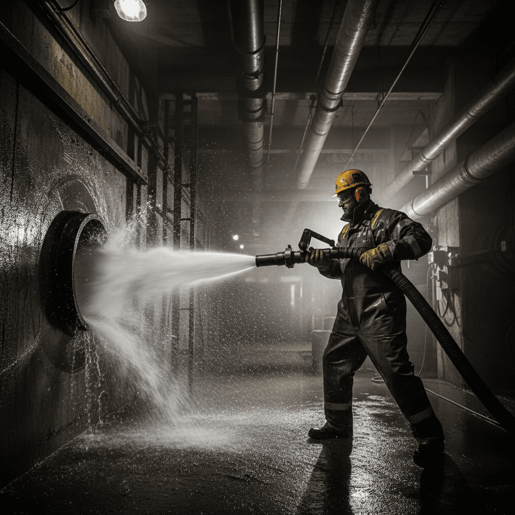 High-pressure water jetting clearing a drain pipe