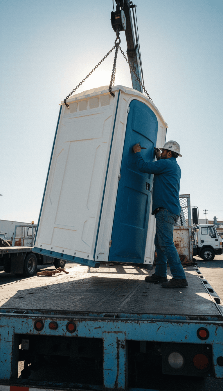 Worker loading a portable toilet onto a truck in Spanish Town