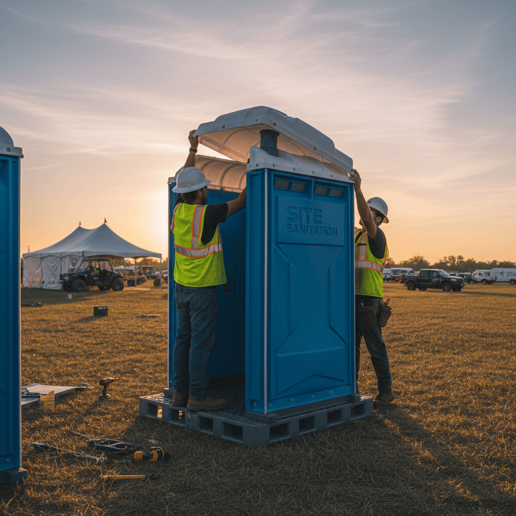 portable toilet being set up quickly at outdoor location in late afternoon sunlight