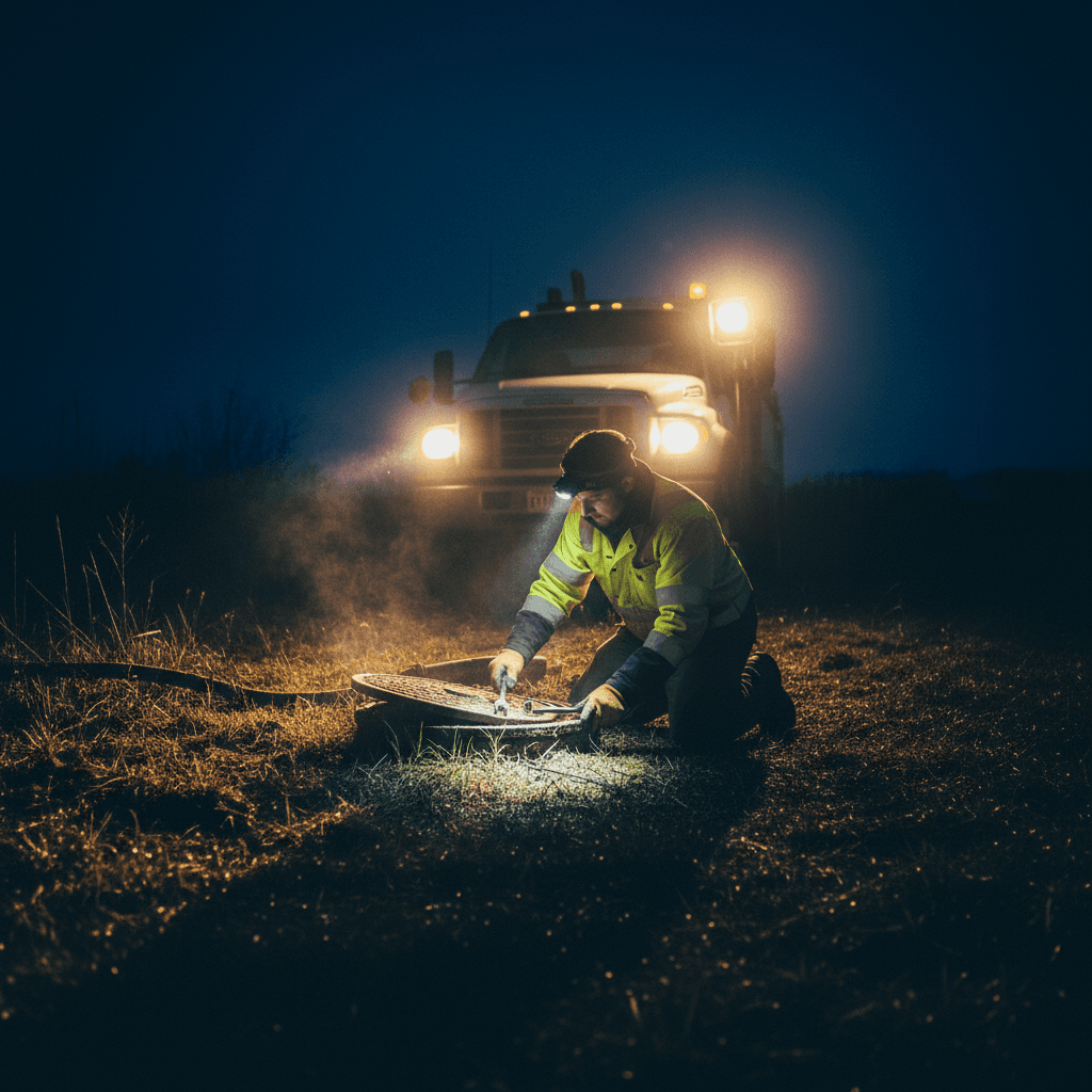 Technician working on a septic tank at night using a headlamp and truck lights