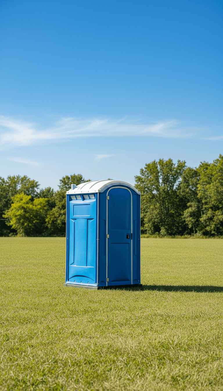 A portable toilet unit at an outdoor event site in Jamaica