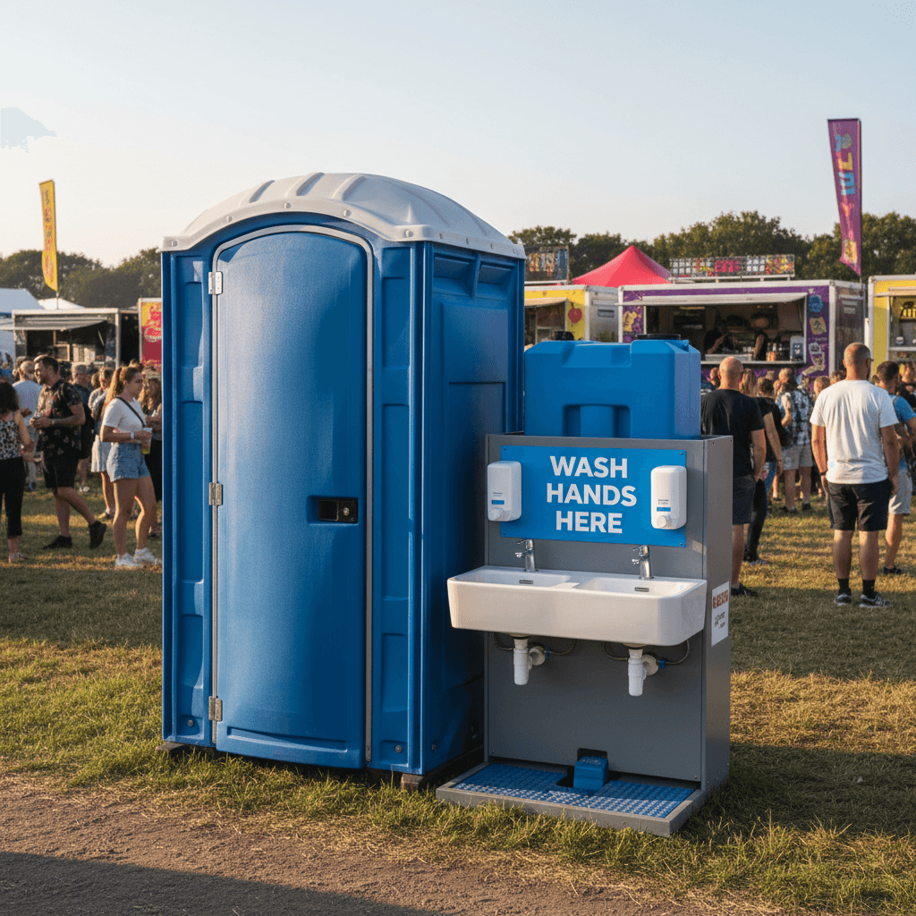 Portable toilet accompanied by a hand washing station at an outdoor event