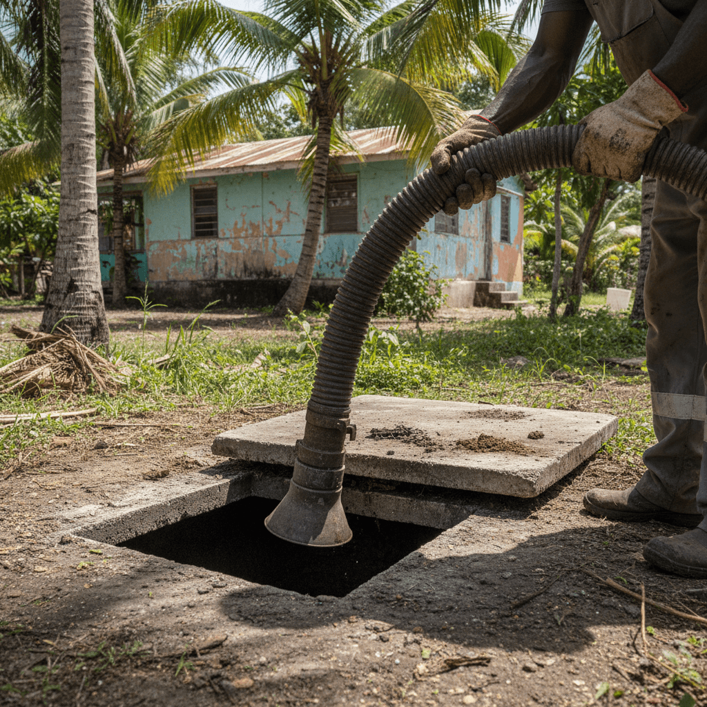 Worker in gloves lowering vacuum hose into open septic tank