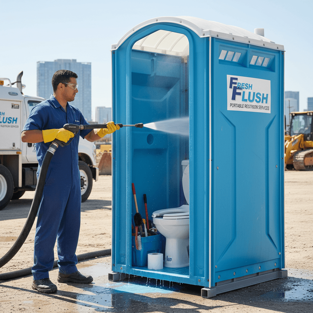 Person cleaning and servicing a portable restroom unit