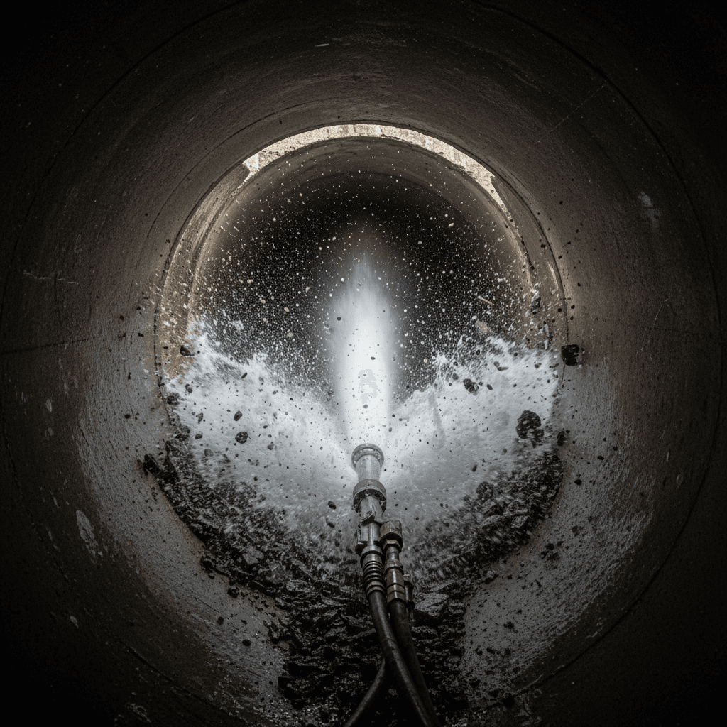 High-pressure water jetting nozzle clearing debris from a pipe