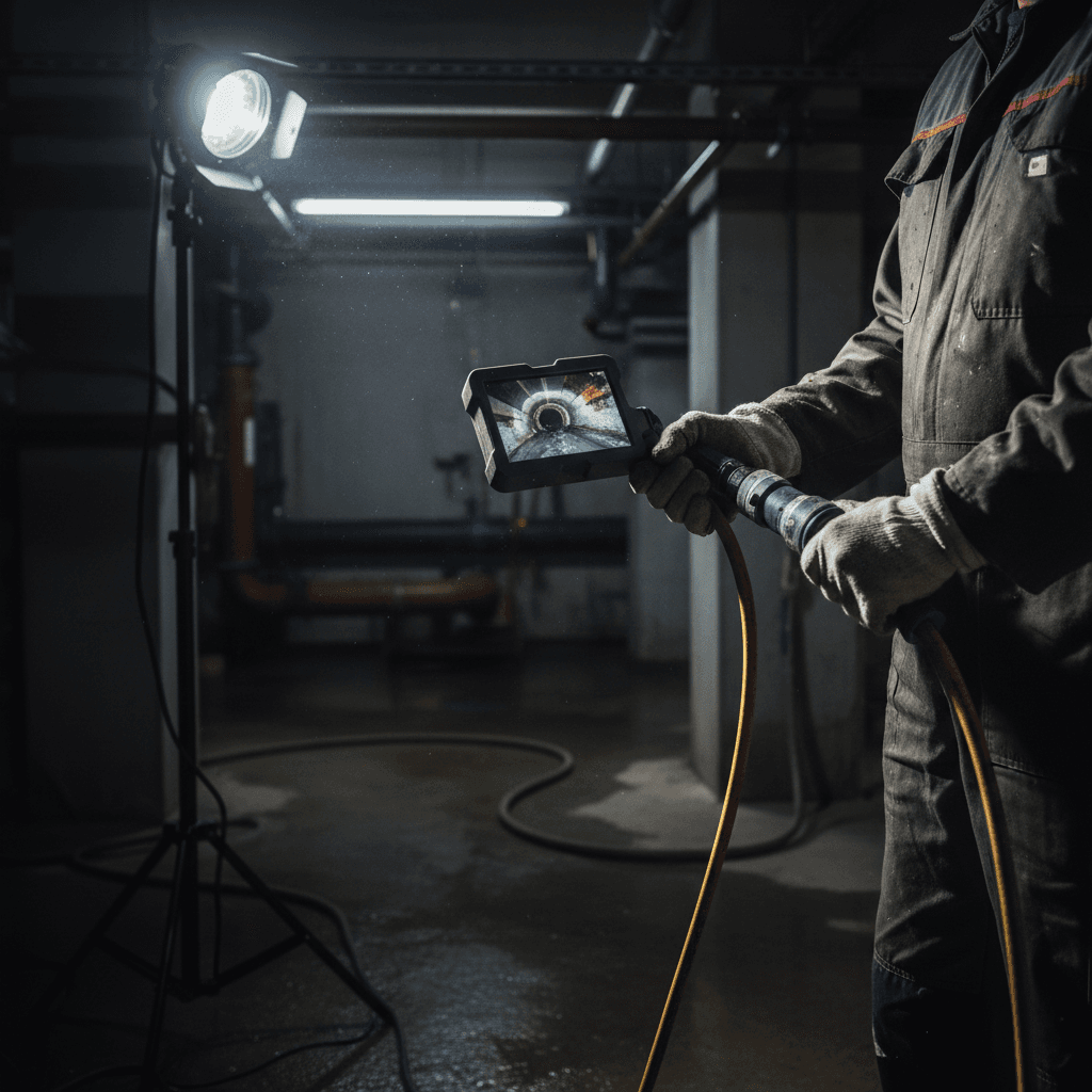 Technician using a drain inspection camera to locate a blockage