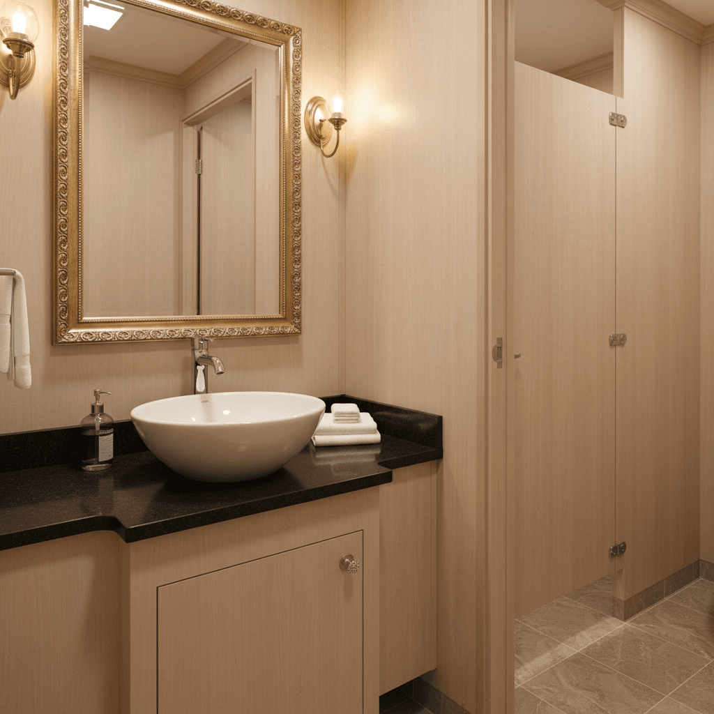 Deluxe portable restroom interior with sink and mirror