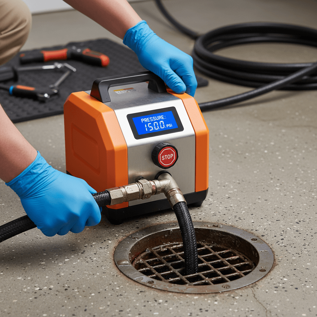Technician clearing a residential drain with professional equipment