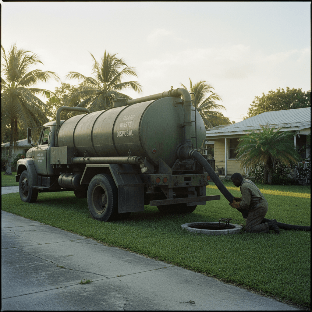 Technician connecting a hose from a cesspool truck to an access point on a residential lawn