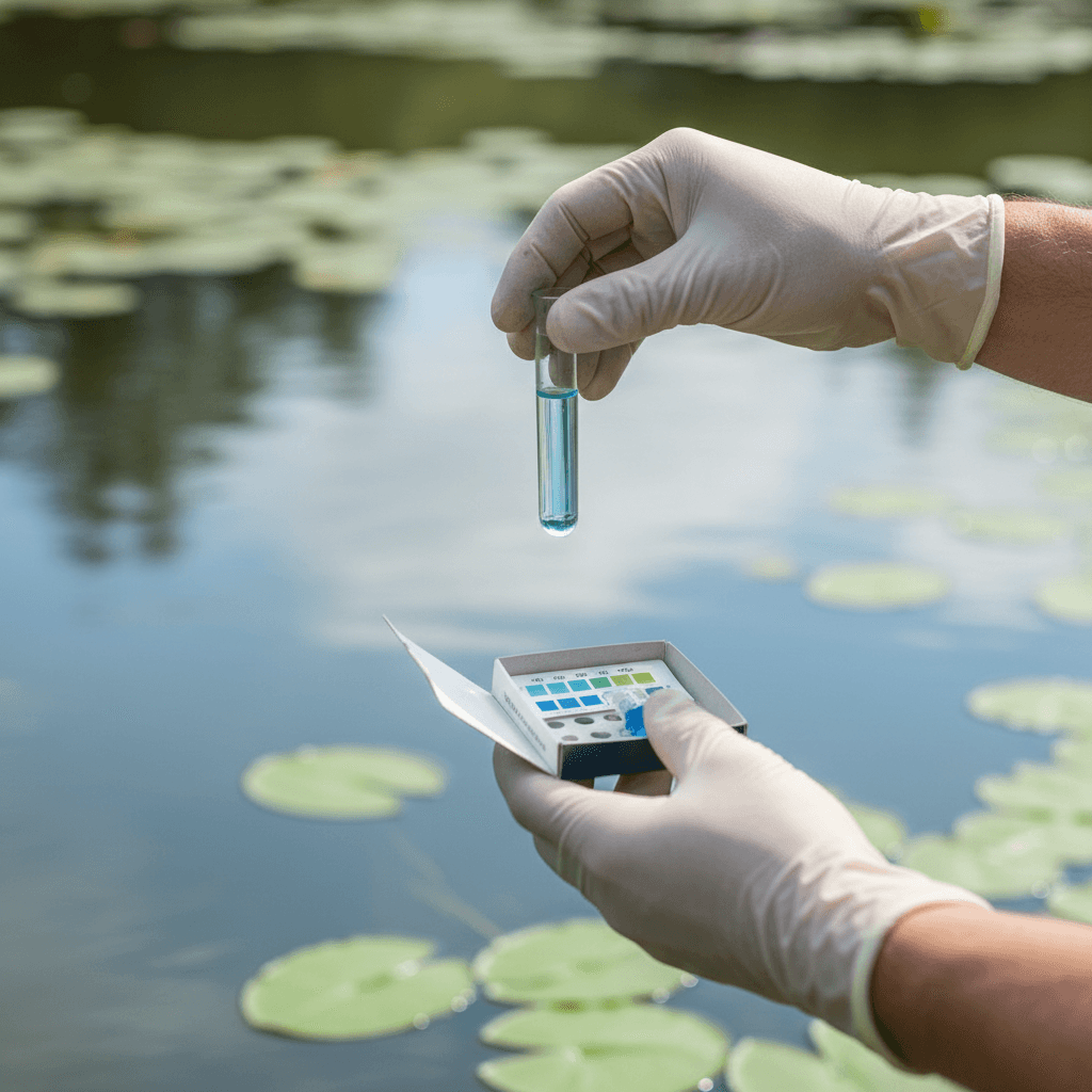 Hands holding a water testing kit with a sample from a pond