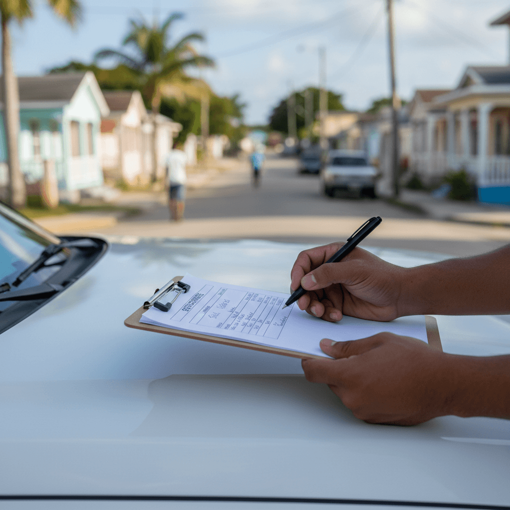 Customer reviewing an estimate on a clipboard with a technician