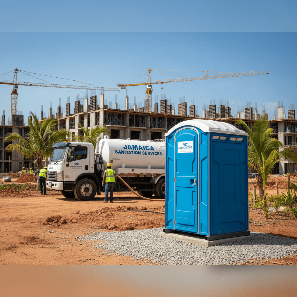 Cesspool truck servicing a portable toilet unit at a construction site