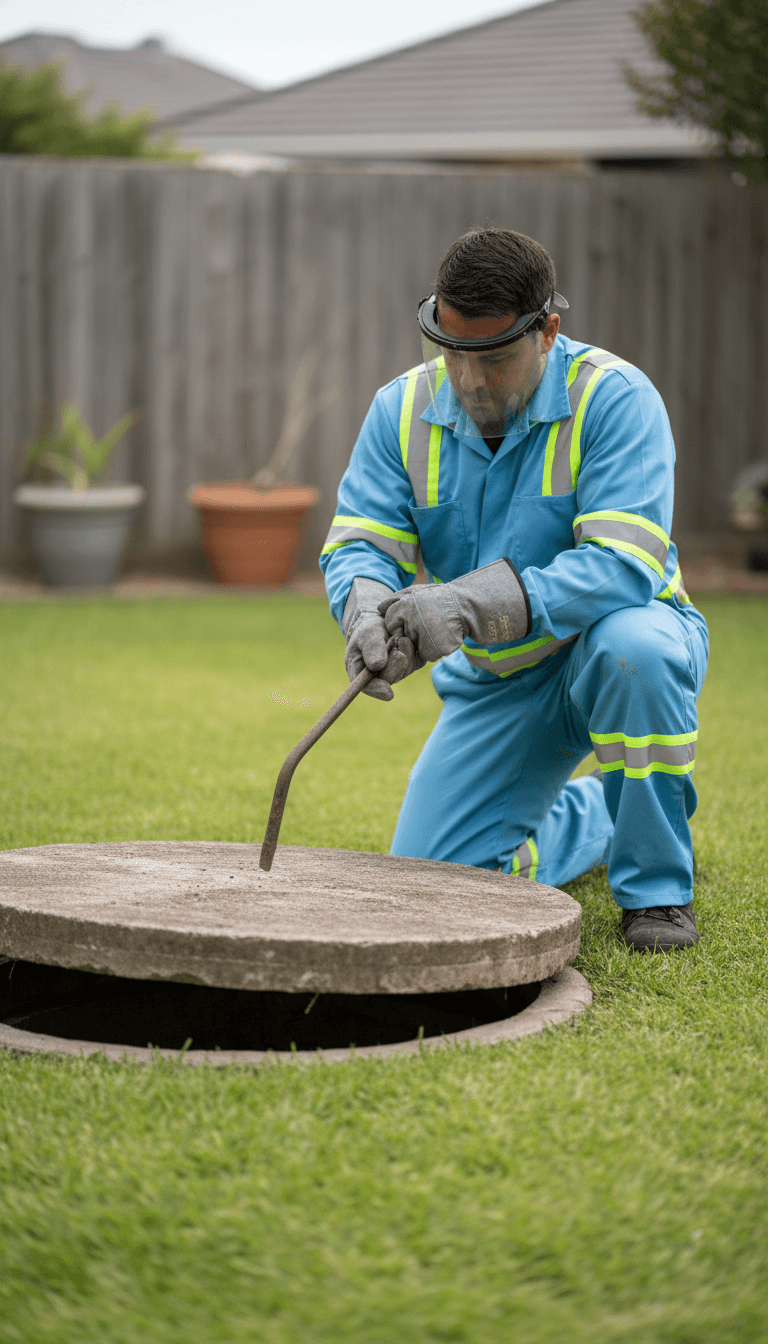 Technician opening a cesspool lid