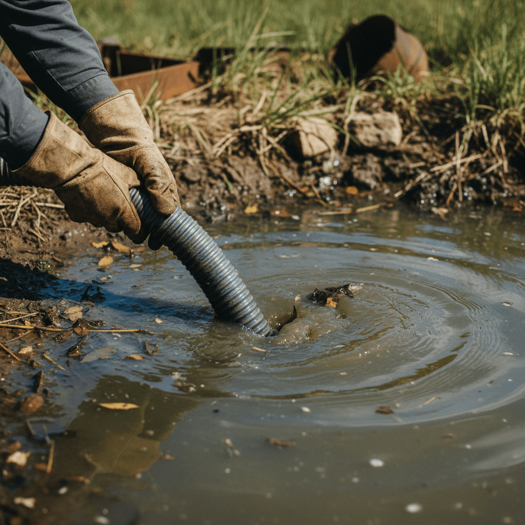 Worker's gloved hands lowering a sludge suction hose into pond water