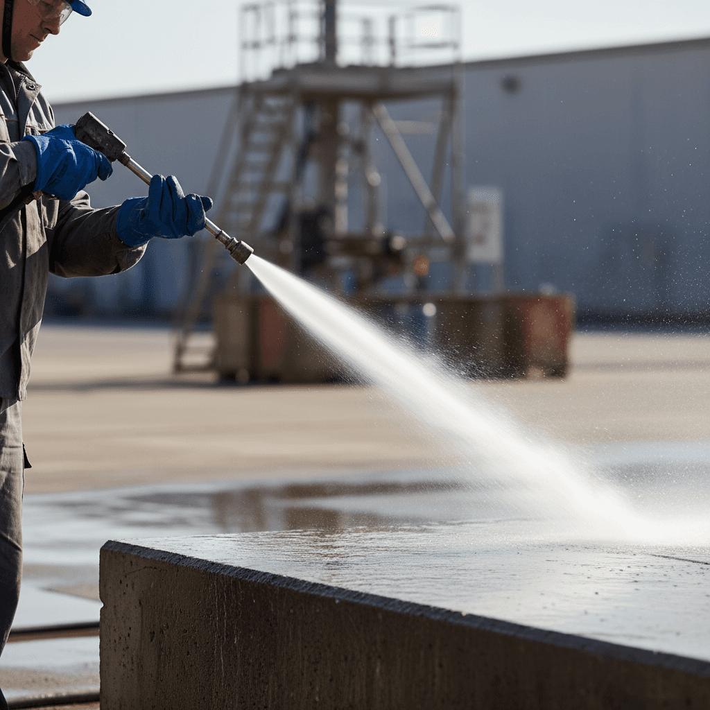 Technician holding a hydro-jetting hose nozzle without chemicals
