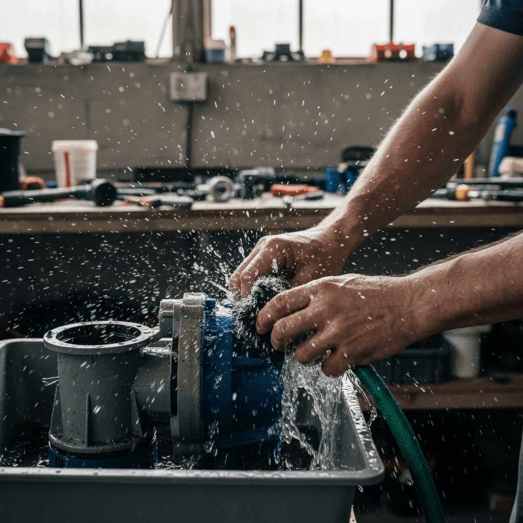 Worker cleaning a pond filter pump with a hose