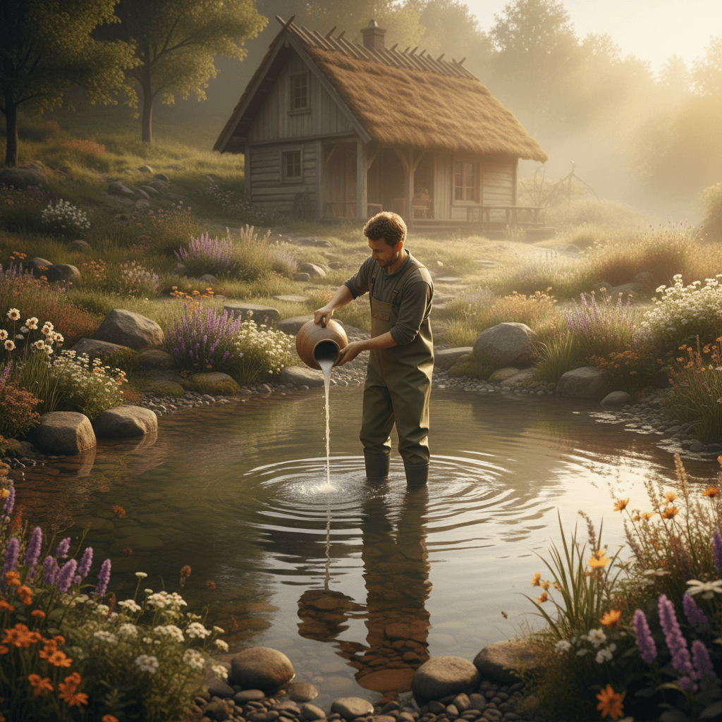 Worker pouring eco-friendly treatment into a clear pond
