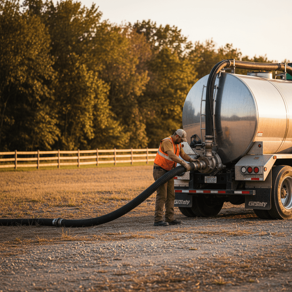 Worker securing hose onto vacuum truck tank