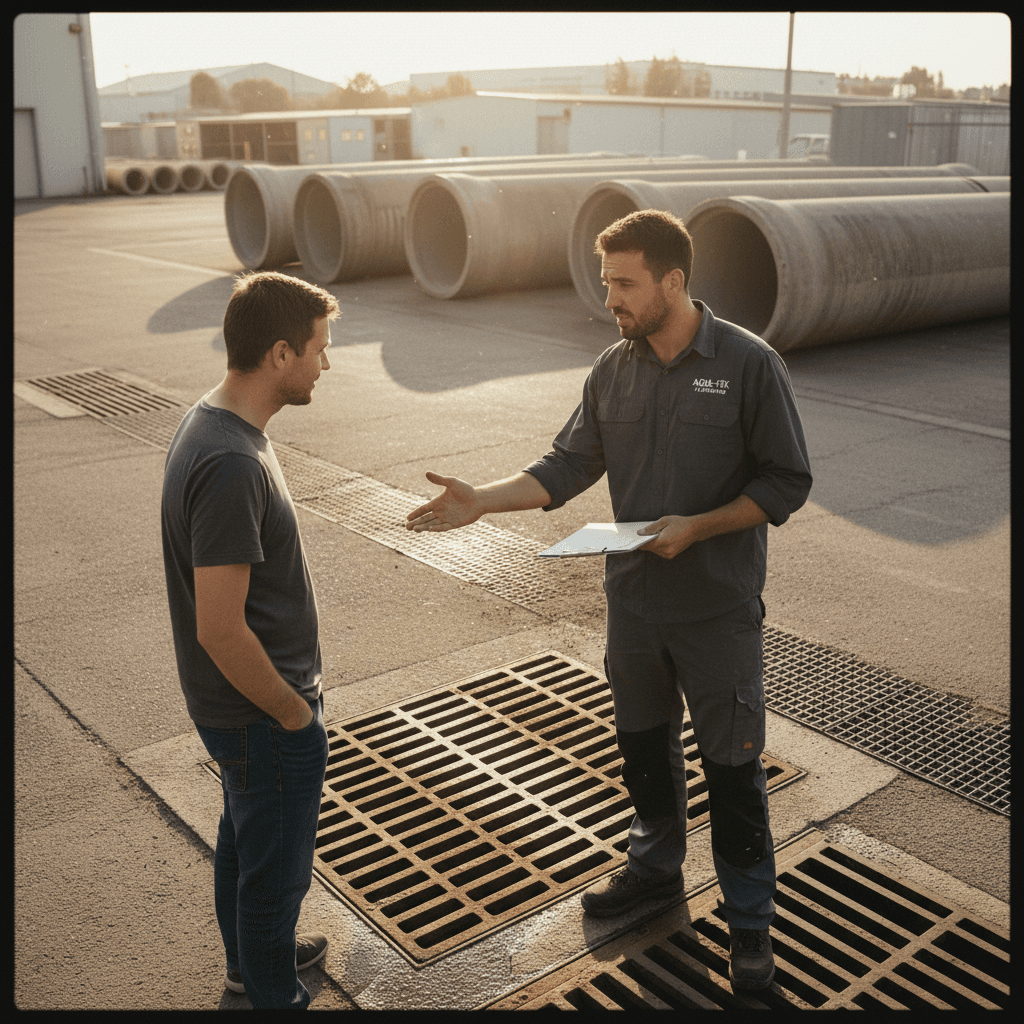 Technician explaining drain maintenance to a homeowner