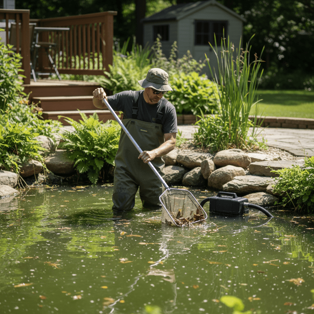 Worker in waders skimming debris from a pond