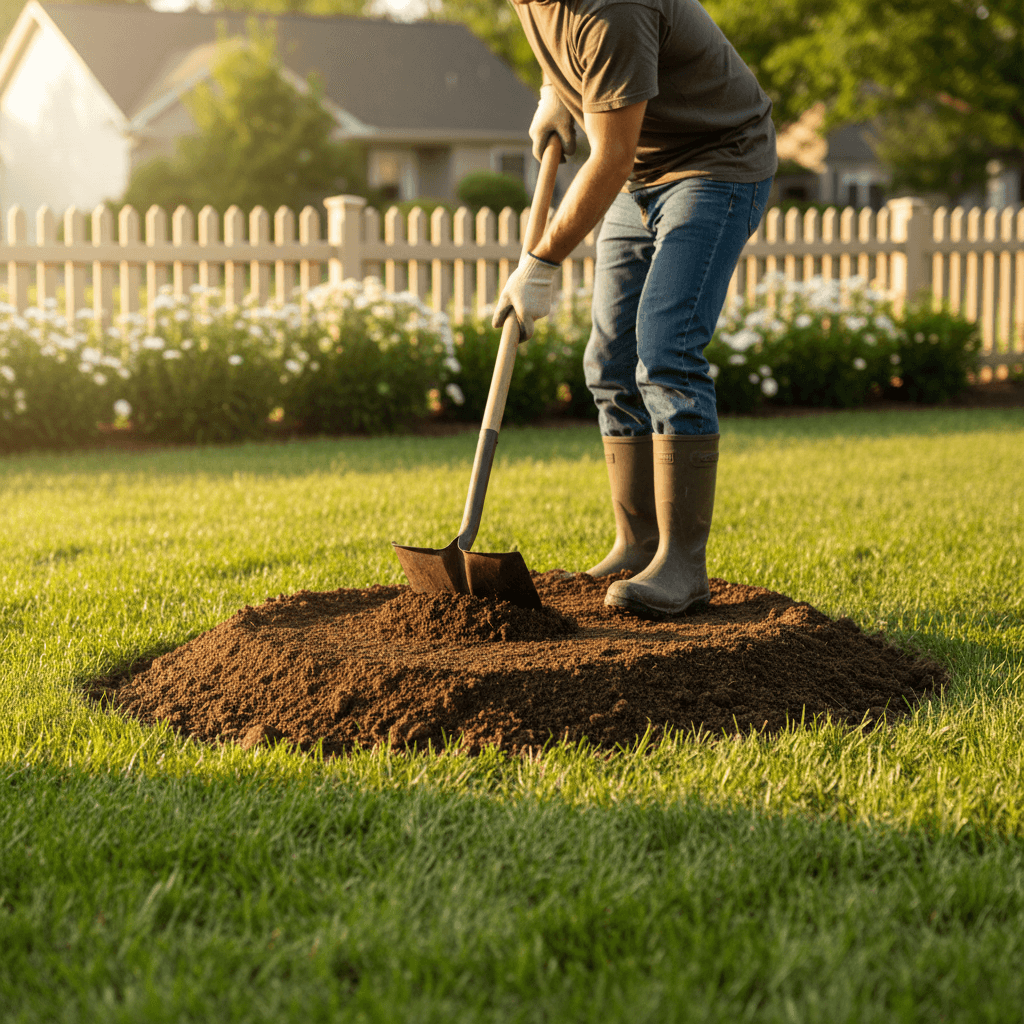 Worker smoothing soil over backfilled septic tank