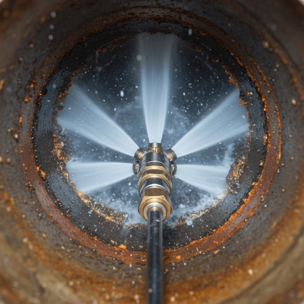 High-pressure water jet nozzle inside a drain pipe