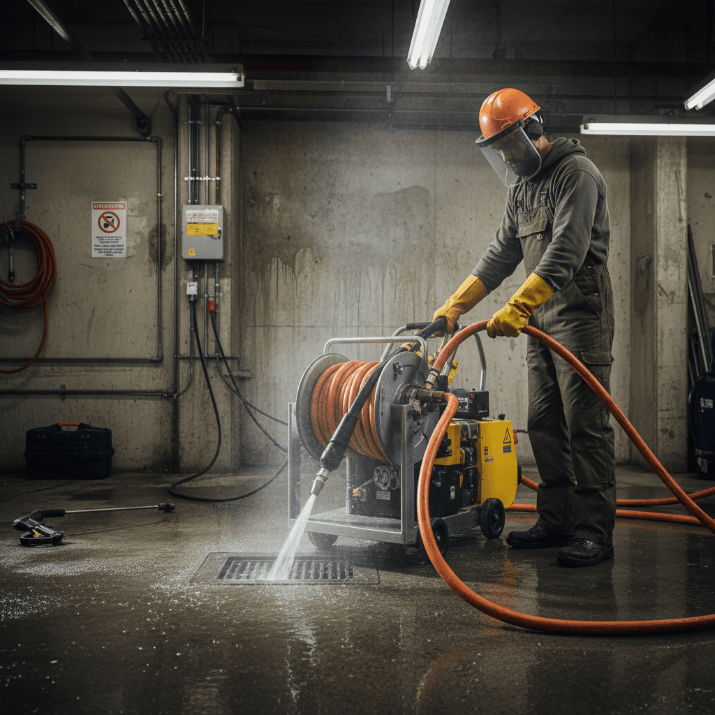 Technician operating a hydro-jetting machine