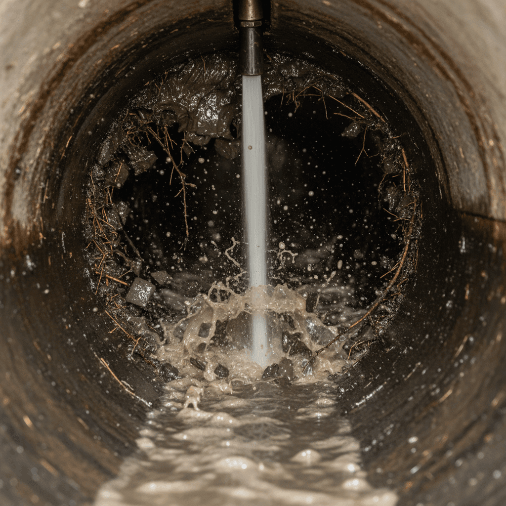 Water jetting breaking apart grease and roots in a drain line
