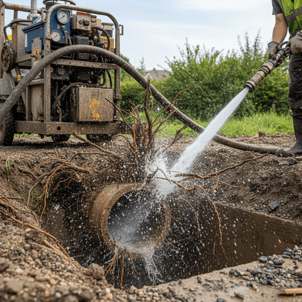 Hydro-jetting equipment clearing tree roots from a pipe