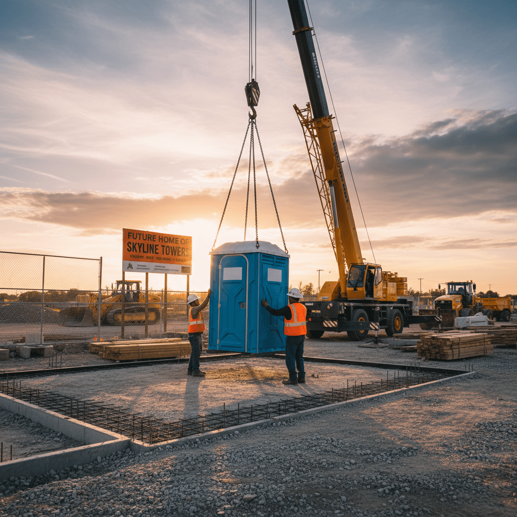Portable toilet being delivered and placed on a construction site