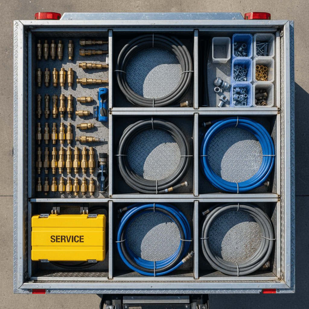 Overhead view of organized hoses and equipment in a service truck