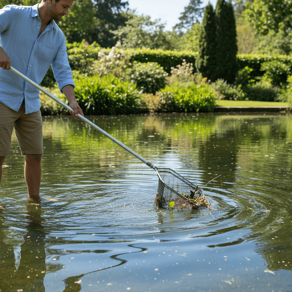 Worker skimming leaves and debris from a pond with a net
