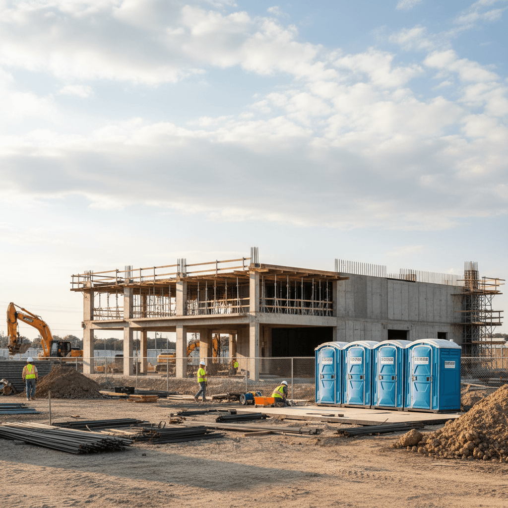 Outdoor construction site with portable restroom units in the background