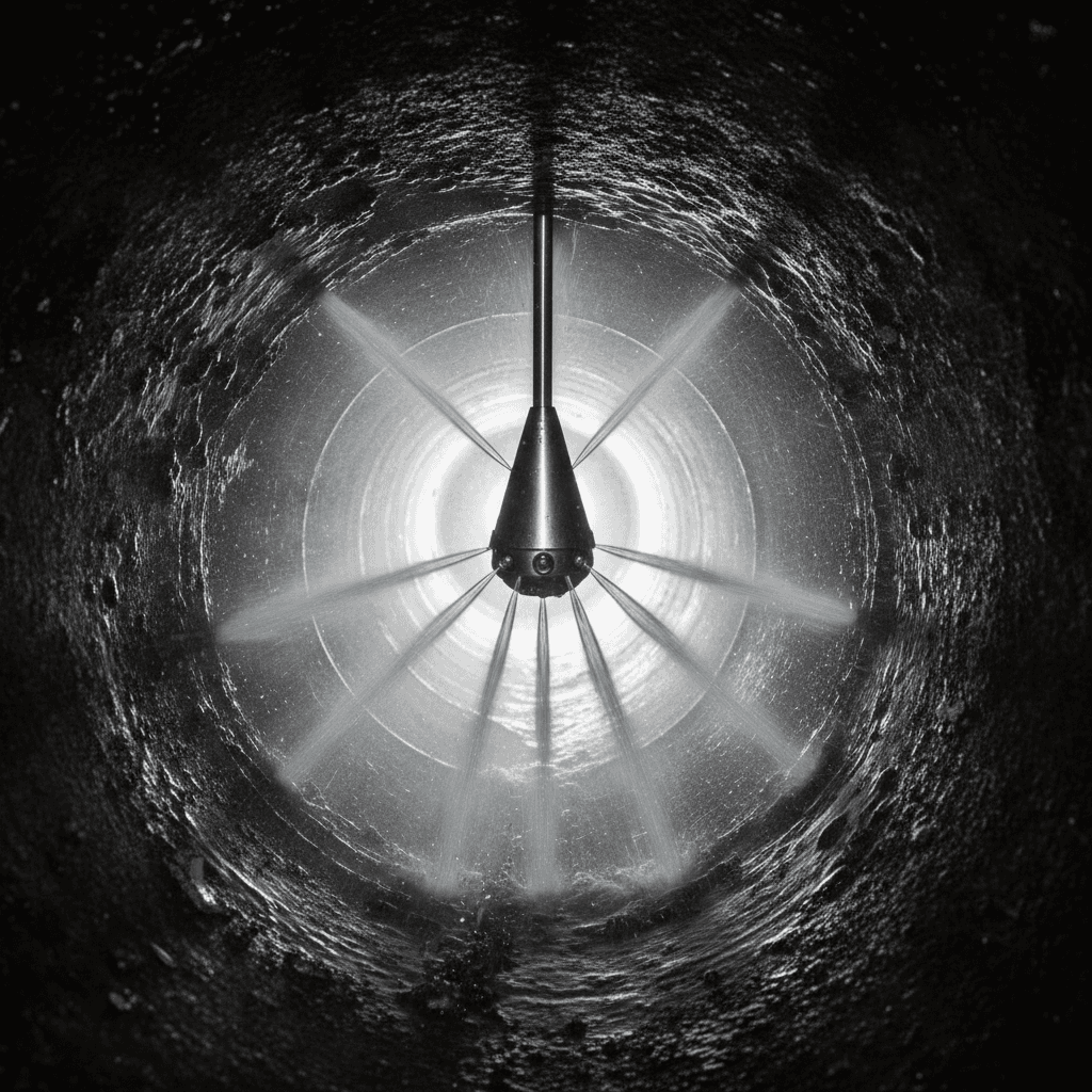 High-pressure water jetting nozzle spraying water inside a drain pipe