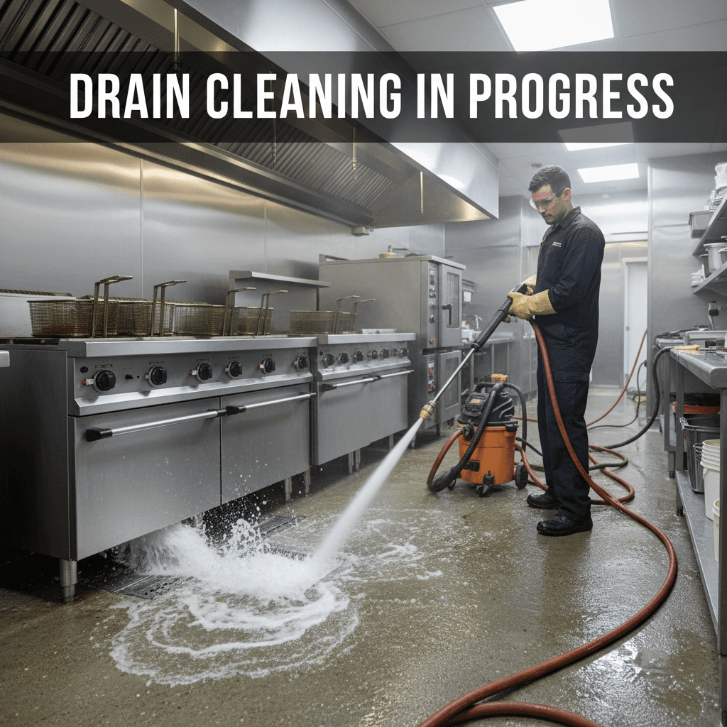 Commercial kitchen drain line being serviced with hydro-jetting
