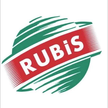 White Rubis text on a red diagonal banner over a green circular brushstroke background.